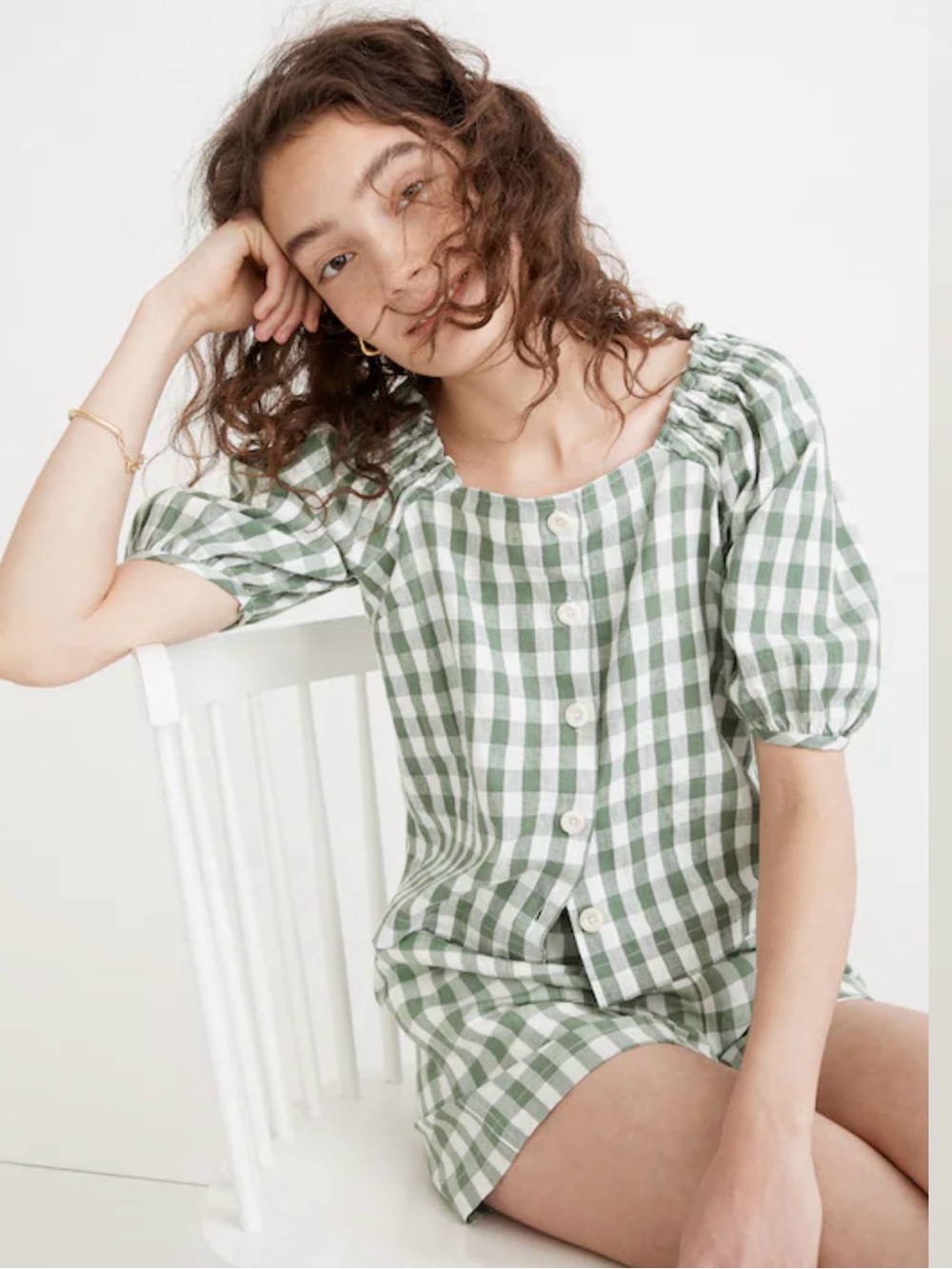 Madewell Linen-Cotton Square-Neck Button-Front Top in Gingham Check:  XS